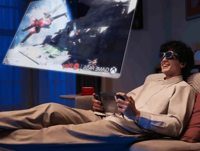 Lenovo Legion Glasses with MicroOLED tech, wide compatibility, and built-in speakers for immersive gaming.